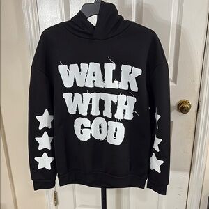 Black Hoodie with White Stars and Text